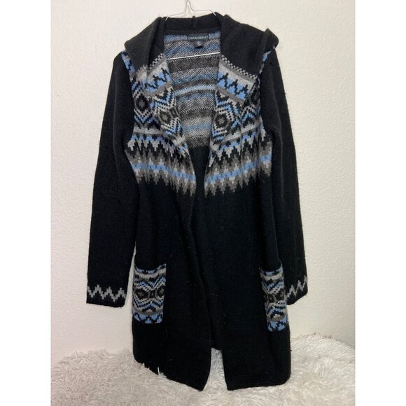 Cynthia Rowley L Black Hooded Duster Cardigan Sweater Blue Southwest print Wool - Picture 1 of 5